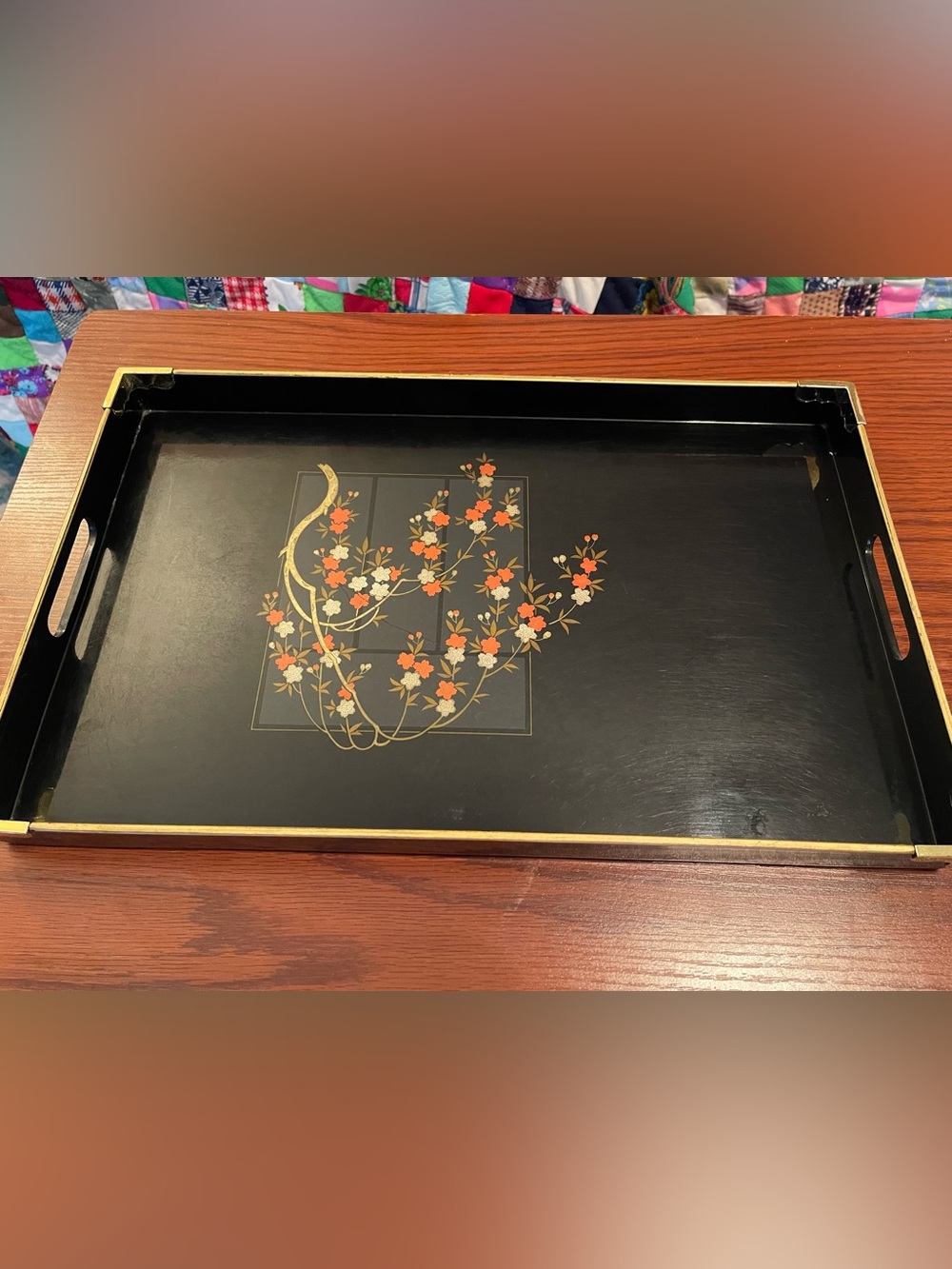 Otagiri Black Lacquer Tray with Gold and Orange Floral Design